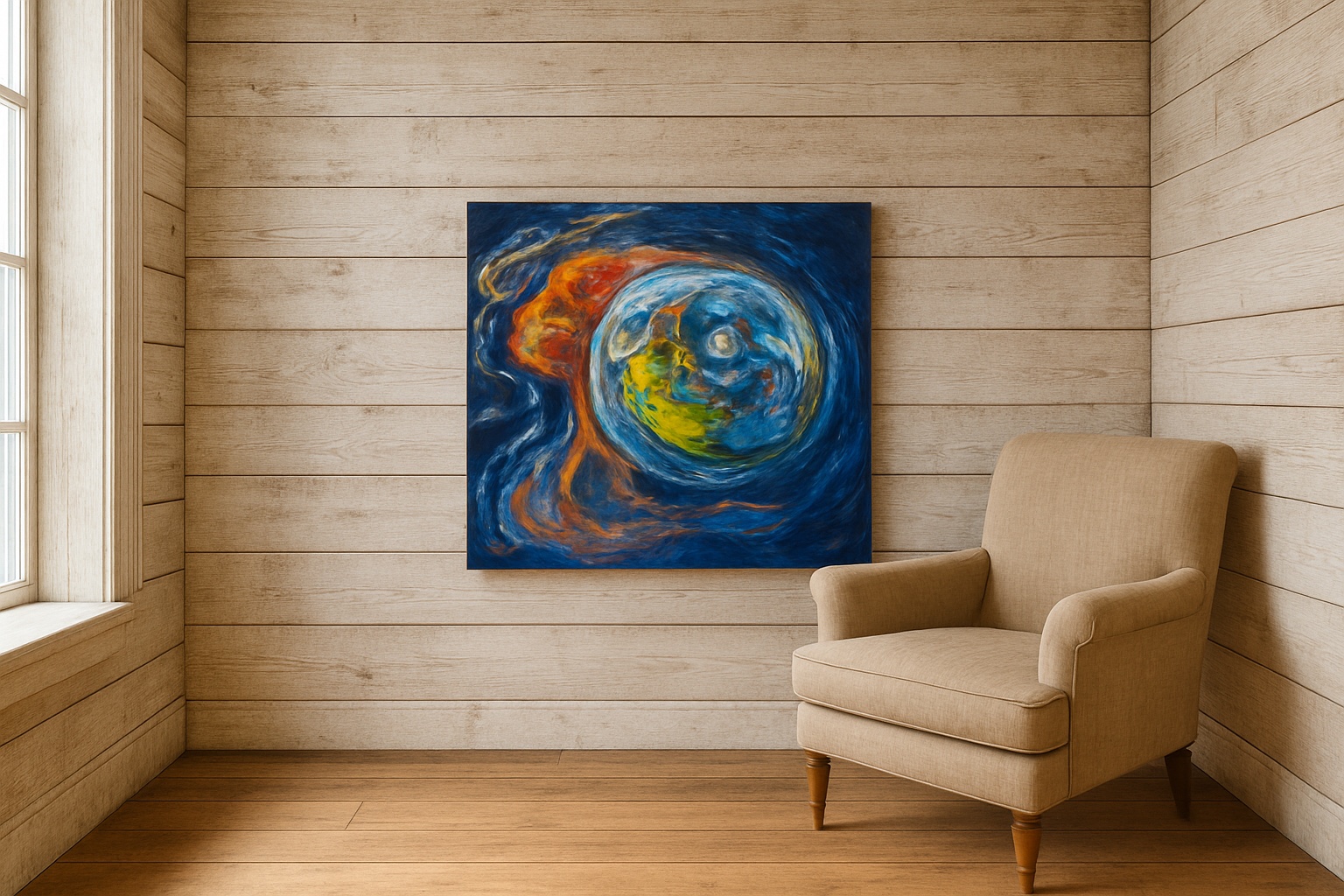 An original painting displayed above an armchair in a sunlit, wood-paneled room