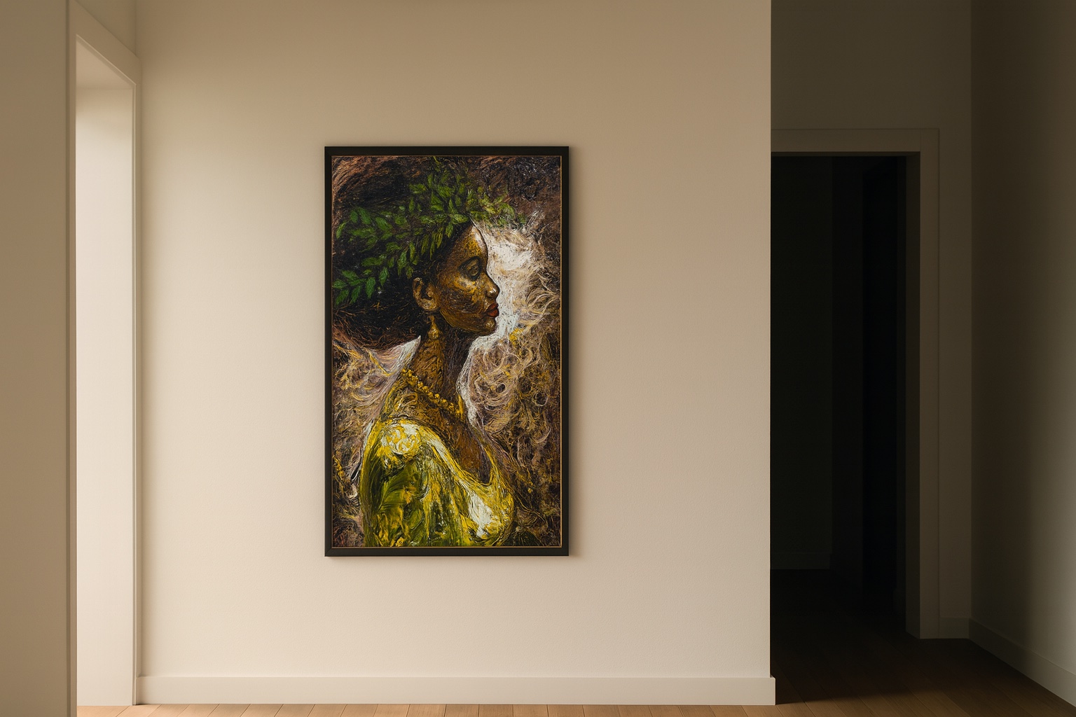 A framed portrait painting hung in a warmly lit hallway